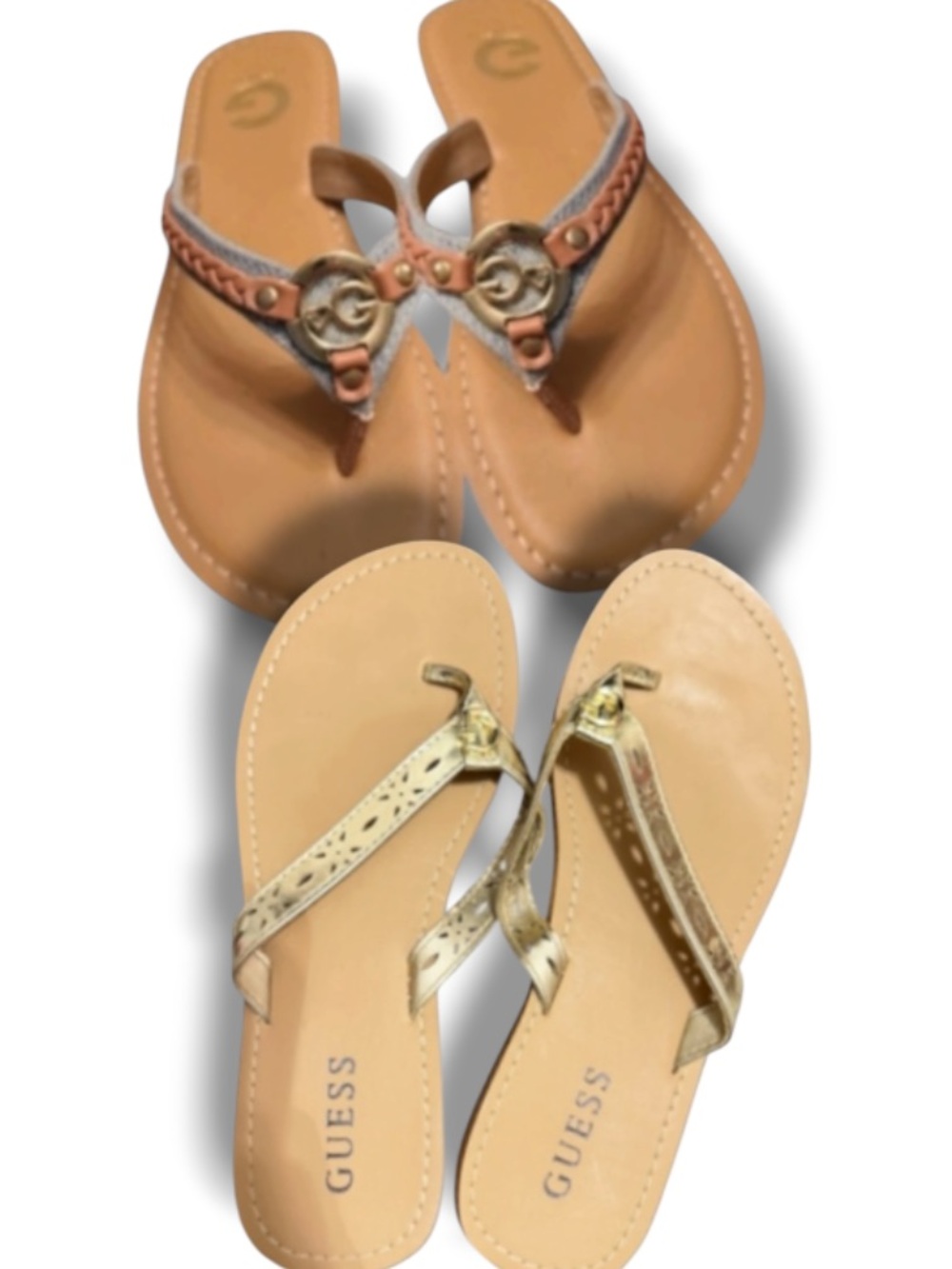 Guess Bundle Women’s Flip Flops Braided Faux Leather Denim + Gold Metallic Strap